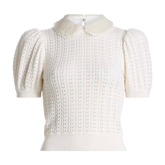 Alice + Olivia Sweaters - NWT Alice + Olivia Pearl Collar Puff Sleeve Sweater, Small, Cream Cotton Wool